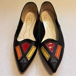Vintage Buskens Black Leather Studded Geometric Shoes Pointed Toe Small